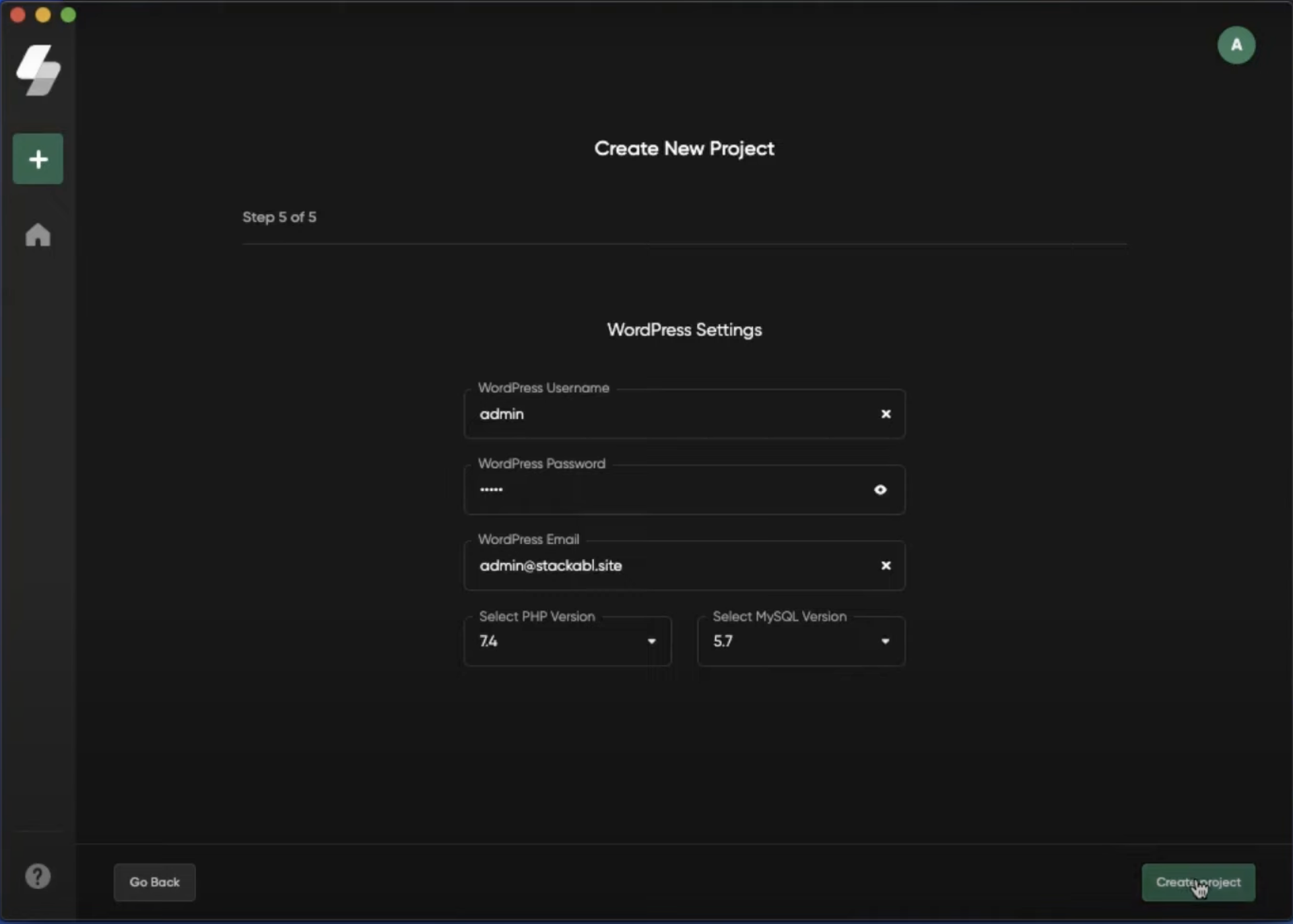 Environment selection for project setup